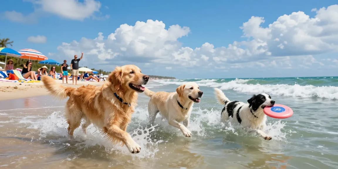 The best dog breeds for swimming, including a golden retriever and labrador retriever playing in the ocean on a sunny beach.