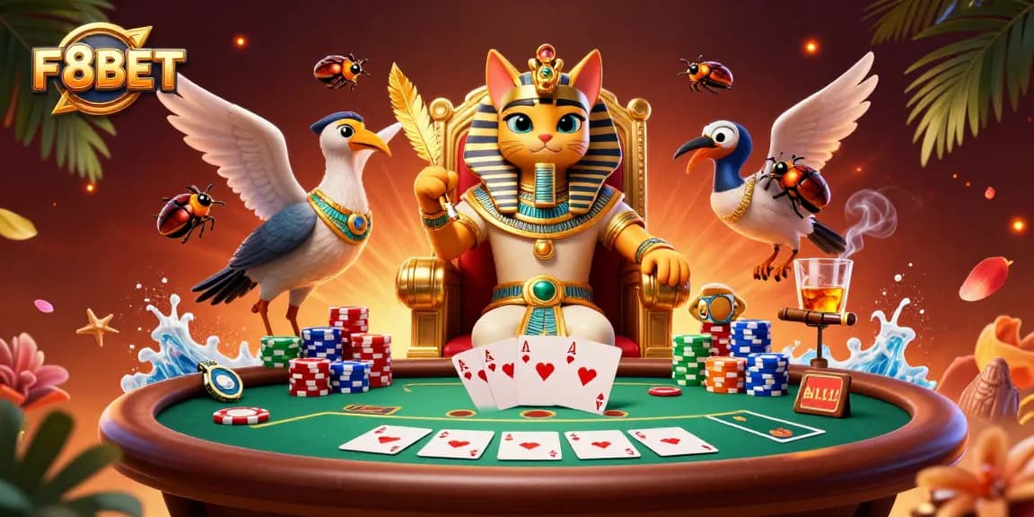 Engage with F8BET's vibrant gambling scene showcasing a pharaoh cat and poker elements.