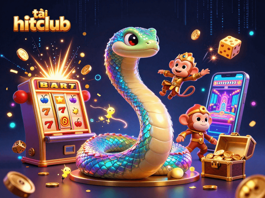 Spin to win big with tải hitclub on mobile, featuring vibrant casino elements and joyful characters.