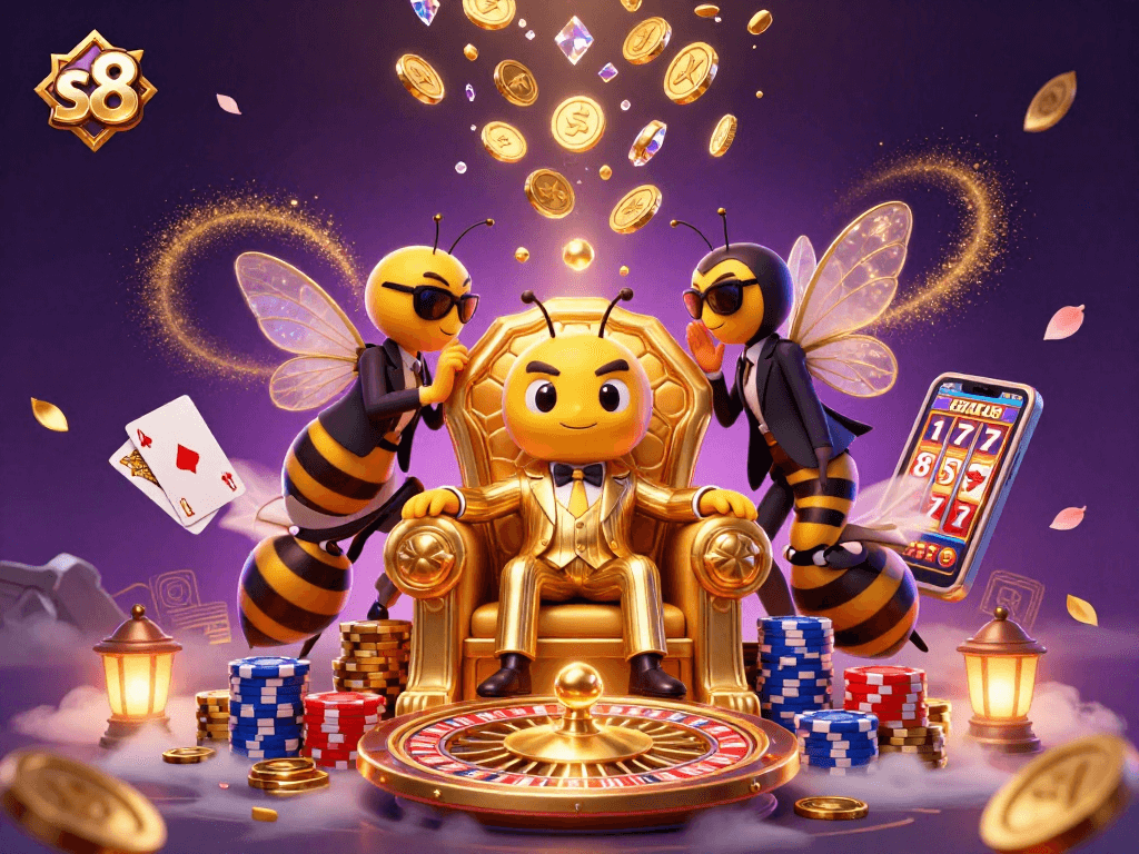 Experience the vibrant s8 casino world, featuring a bumblebee mob boss and dazzling game elements.