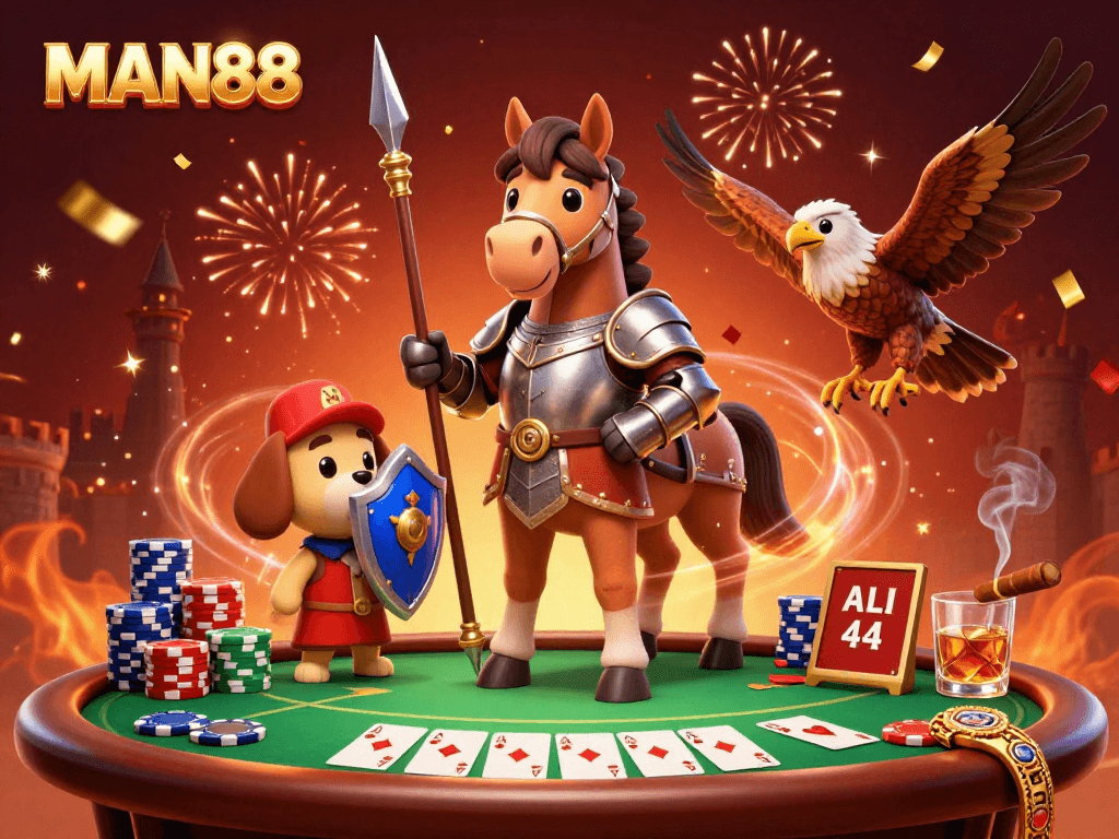 Join MAN88 in a vibrant casino scene featuring knights and poker, highlighting thrilling gameplay.