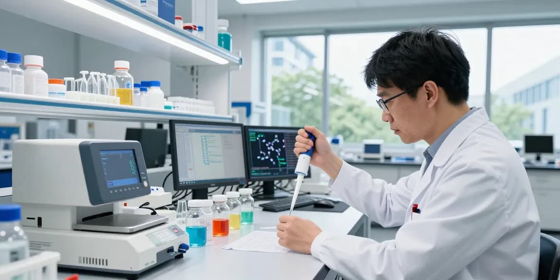 Scientist measuring SwissChems Peptide in a modern lab with advanced research equipment.