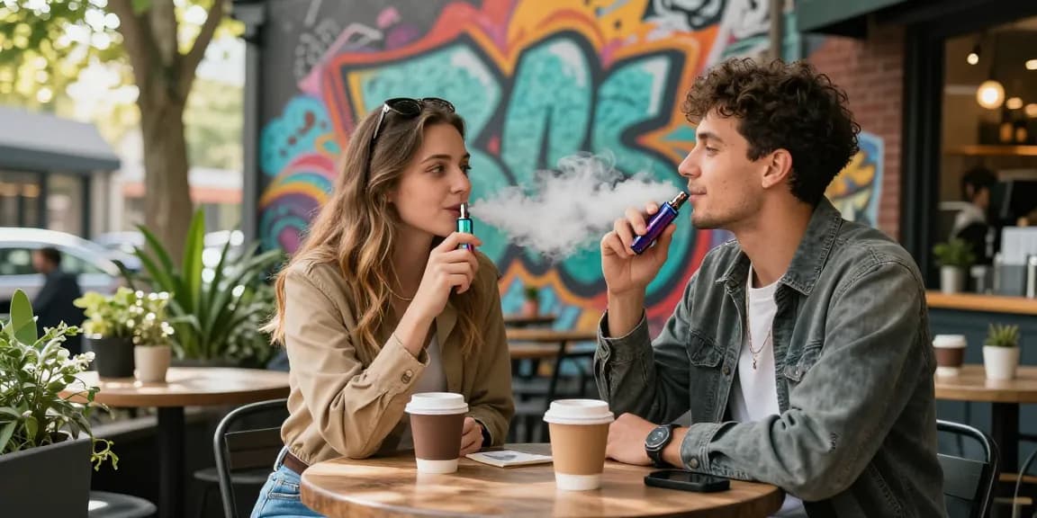 Enjoying top disposable vapes in usa at a trendy café with vibrant street art.