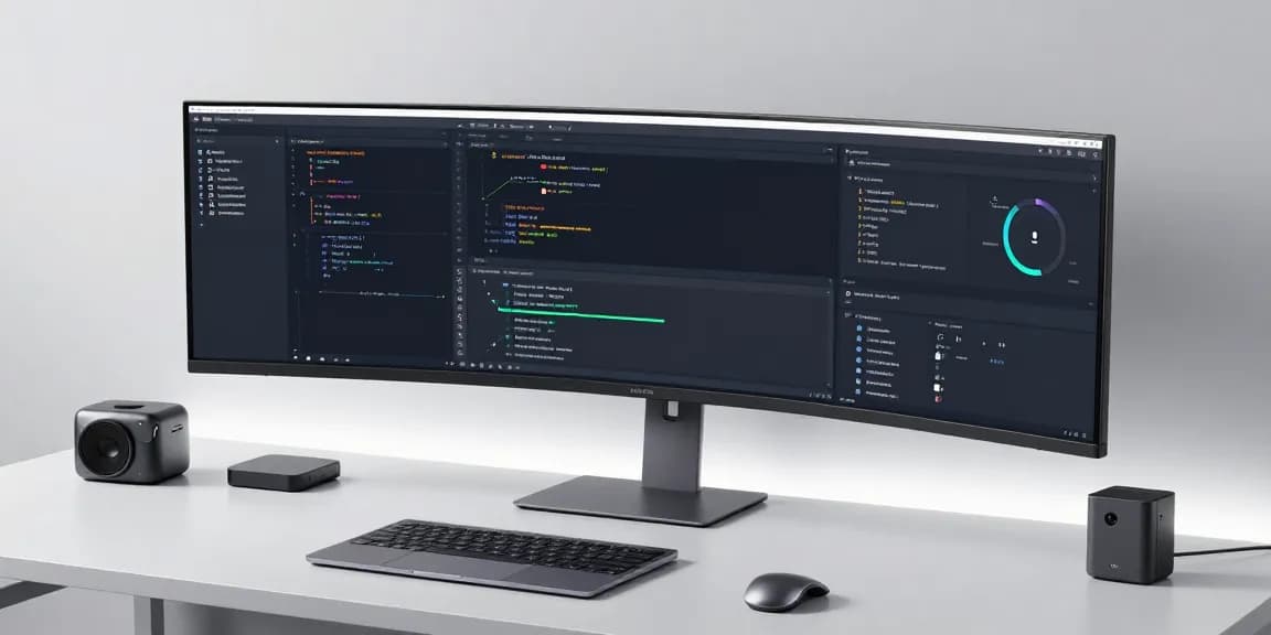 Image of a high-tech workspace with GO8 com interface, showcasing software development, AI solutions, and cloud computing.