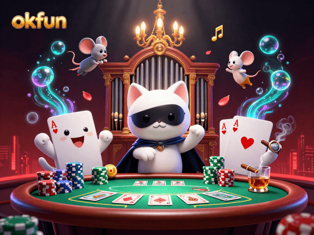 Experience the thrill of okfun with dynamic casino elements, featuring a white cat, mouse acrobat, and vibrant poker details.