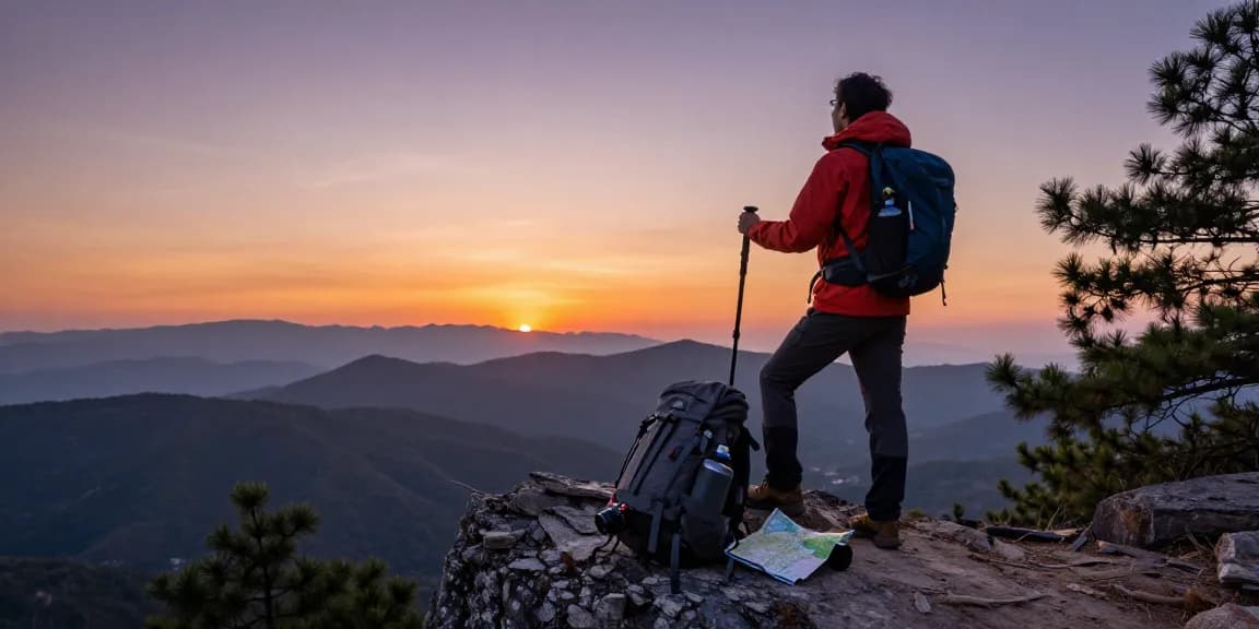 A vibrant adventure scene showcasing a hiker overlooking the landscape at https://88m.lifestyle/ during a stunning sunset, embodying the spirit of exploration.