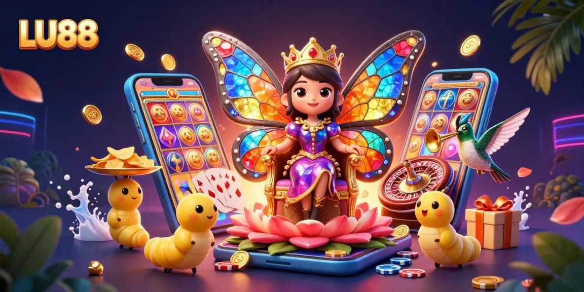Experience the enchanting LU88 gaming world with a butterfly queen, vibrant slot elements, and casino treasures.