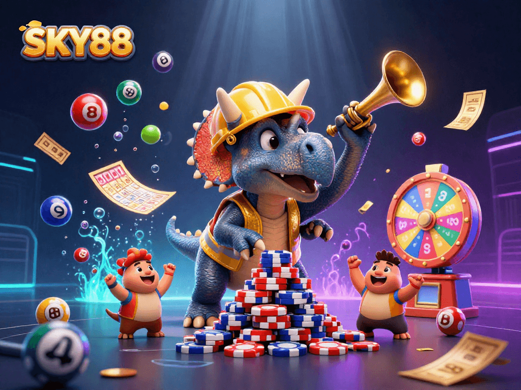 Experience thrilling gaming moments with SKY88’s vibrant 3D gambling illustration showcasing action-packed elements.
