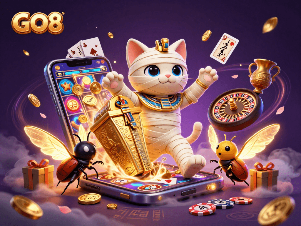 Win big at GO8 casino with a 3D mummy cat and scarab beetle in an ancient pyramid!