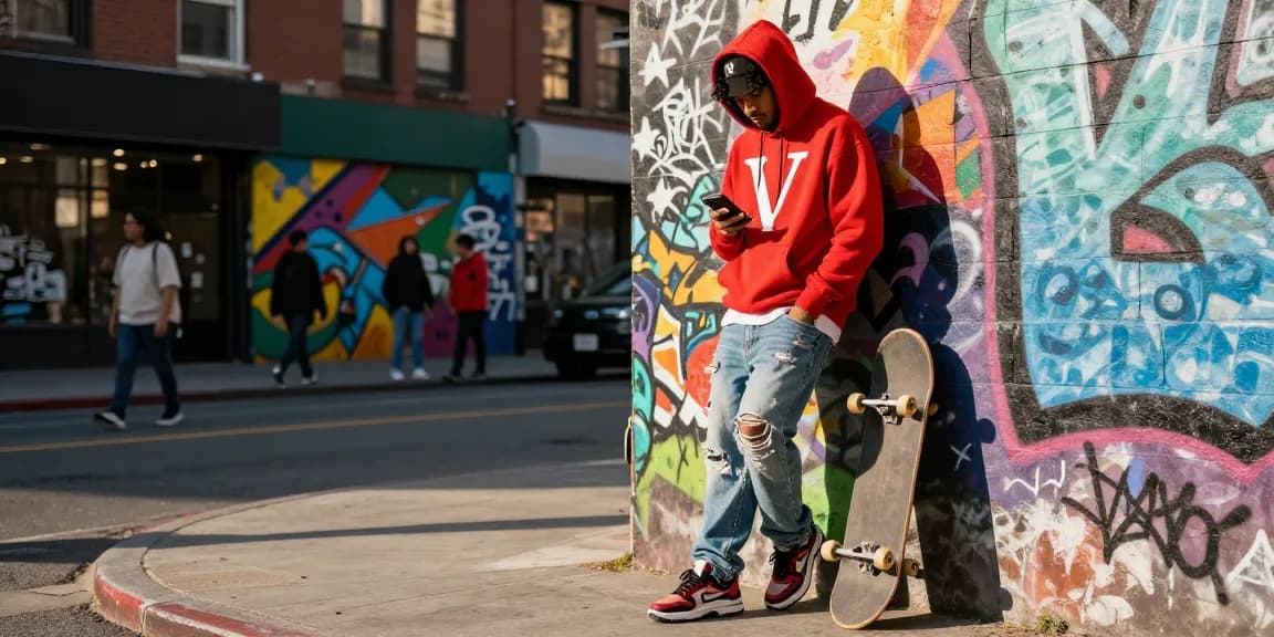 Stylish urban street scene highlighting a person in Vlone.co hoodie and streetwear accessories, embodying individuality and fashion culture.