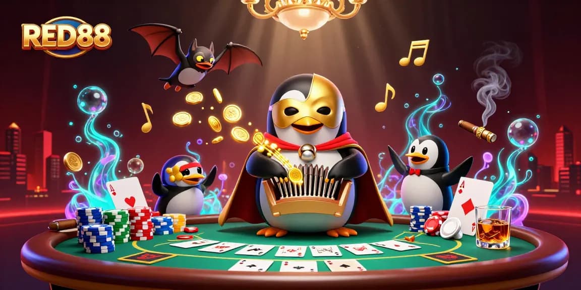 Engage with RED88, exploring the magical casino scene filled with golden coins and poker excitement.