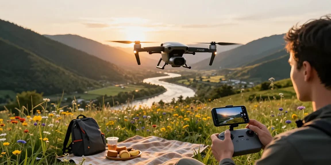 F168 drone capturing vibrant sunset views in picturesque landscape during golden hour.