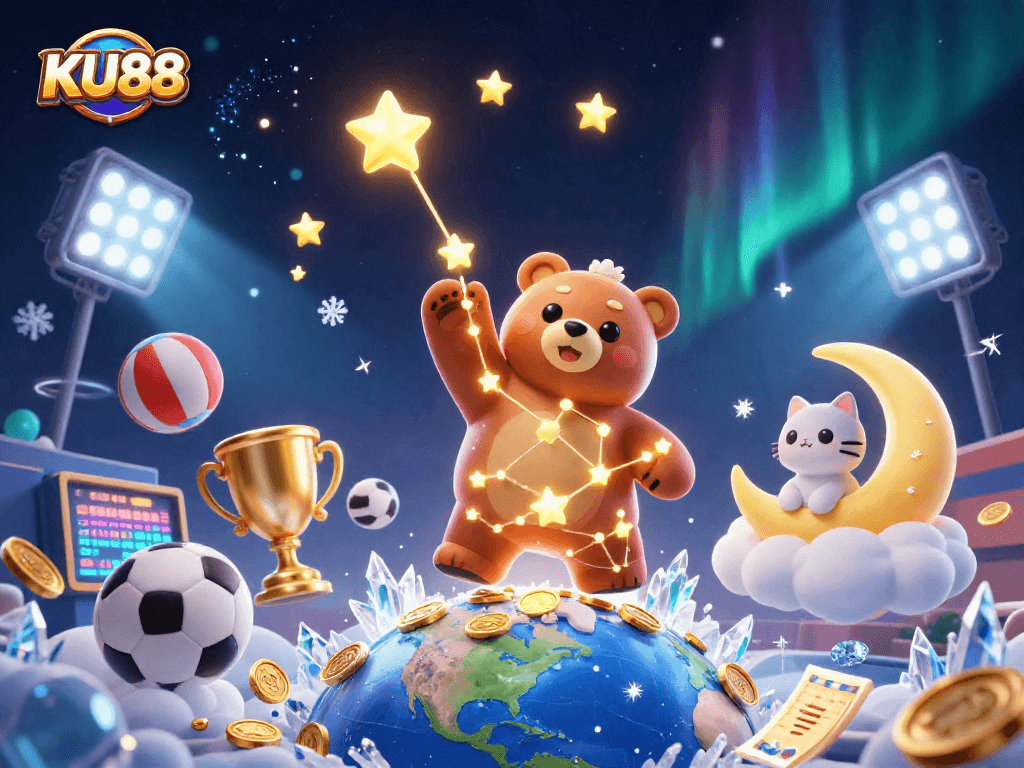 Experience the excitement of KU88 with a lively 3D casino scene featuring stars, sports, and coins.