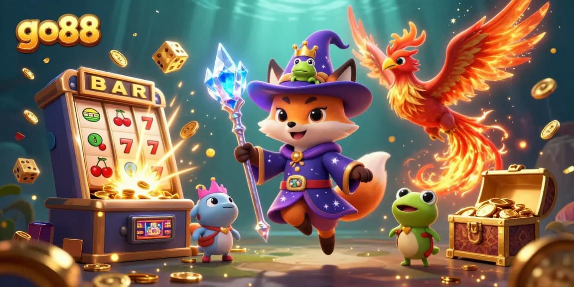 Experience the magic of go88 with a whimsical gambling adventure featuring a wizard fox and phoenix.