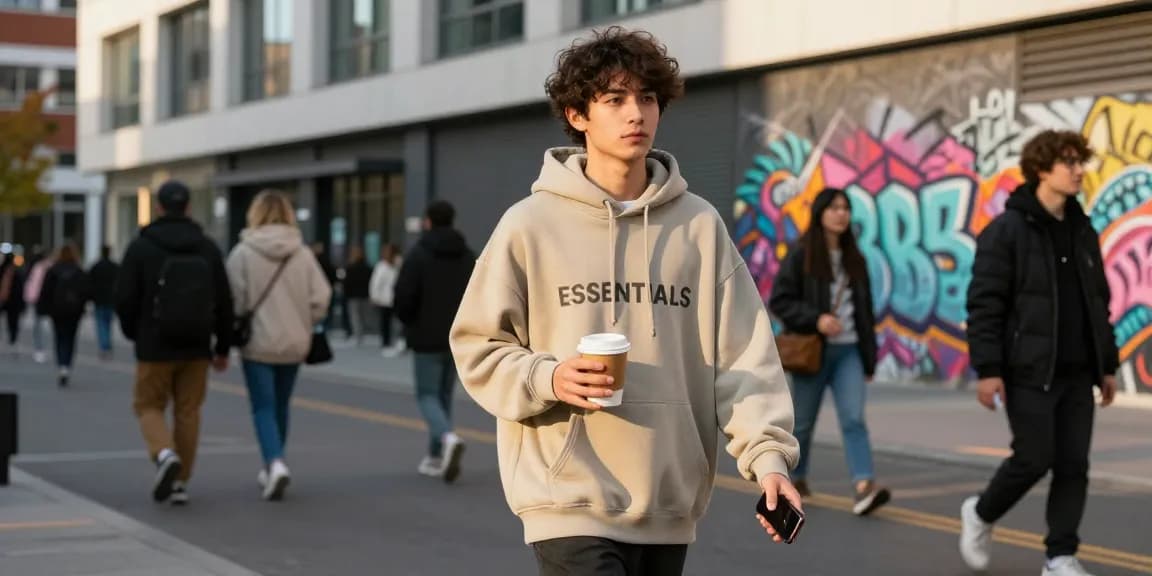 Stylish individual wearing an Essentials hoodie walking in an urban setting.