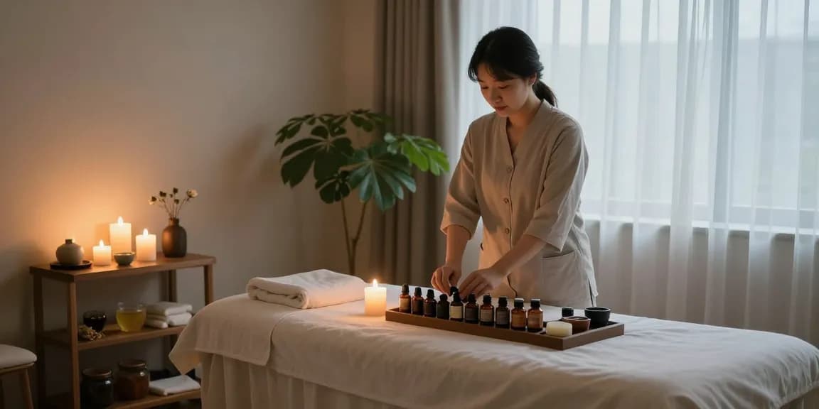 서울출장마사지 in a calming therapy room with soft lighting and soothing aromas.
