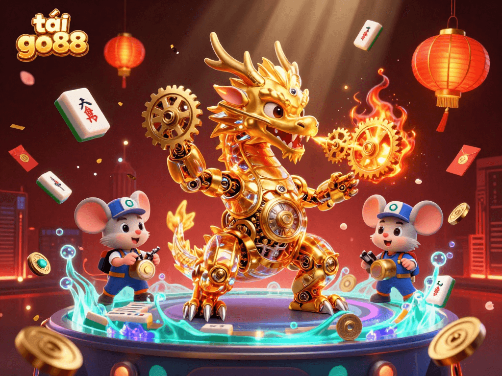 Play thrilling games with tải go88, featuring a dragon, mahjong tiles, and enchanting casino elements.