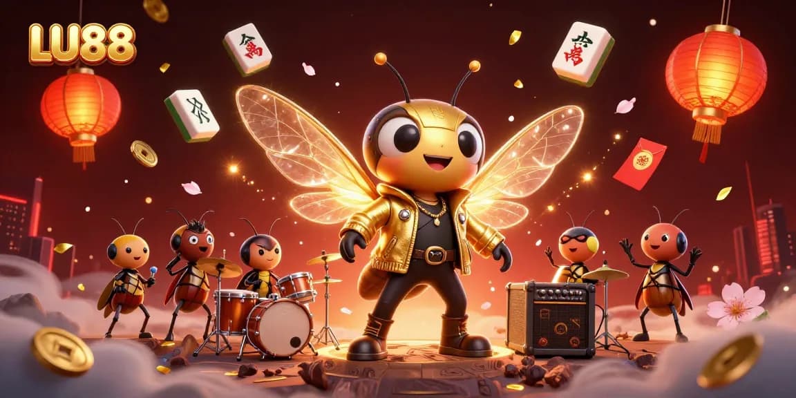 LU88 rock star character with crickets and beetle drummer performing in a vibrant casino-themed scene.