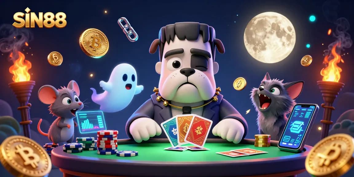 SIN88 showcases a thrilling casino scene with a Frankenstein bulldog and ghost mouse dealing cards amidst vibrant crypto elements.