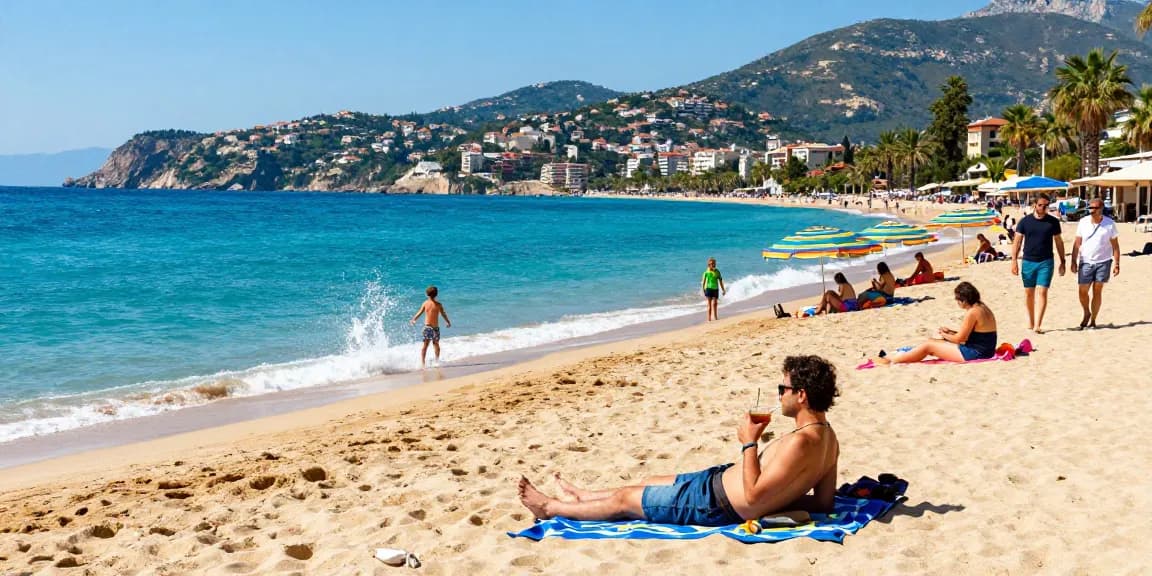 Relaxing on Antalya beach under the sunny skies in May, enjoying warm weather and turquoise waters.