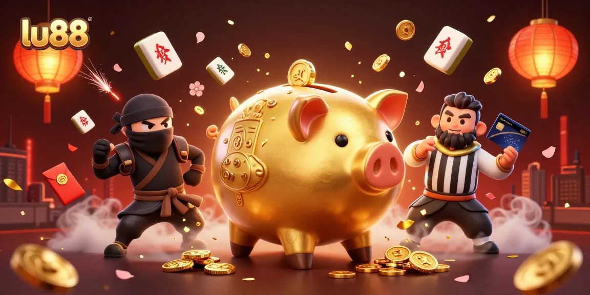 Experience lu88’s dynamic gameplay with a golden piggy bank wrestler and vibrant casino elements.