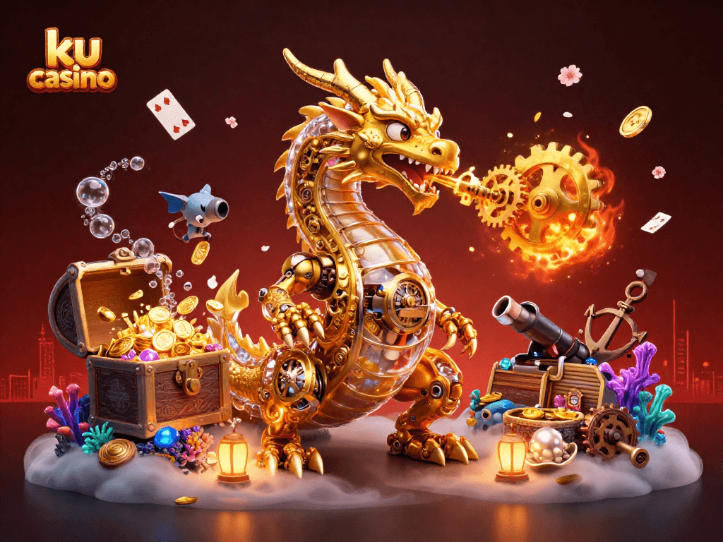 Engage in thrilling games at ku casino with a captivating 3D illustration featuring a golden dragon.