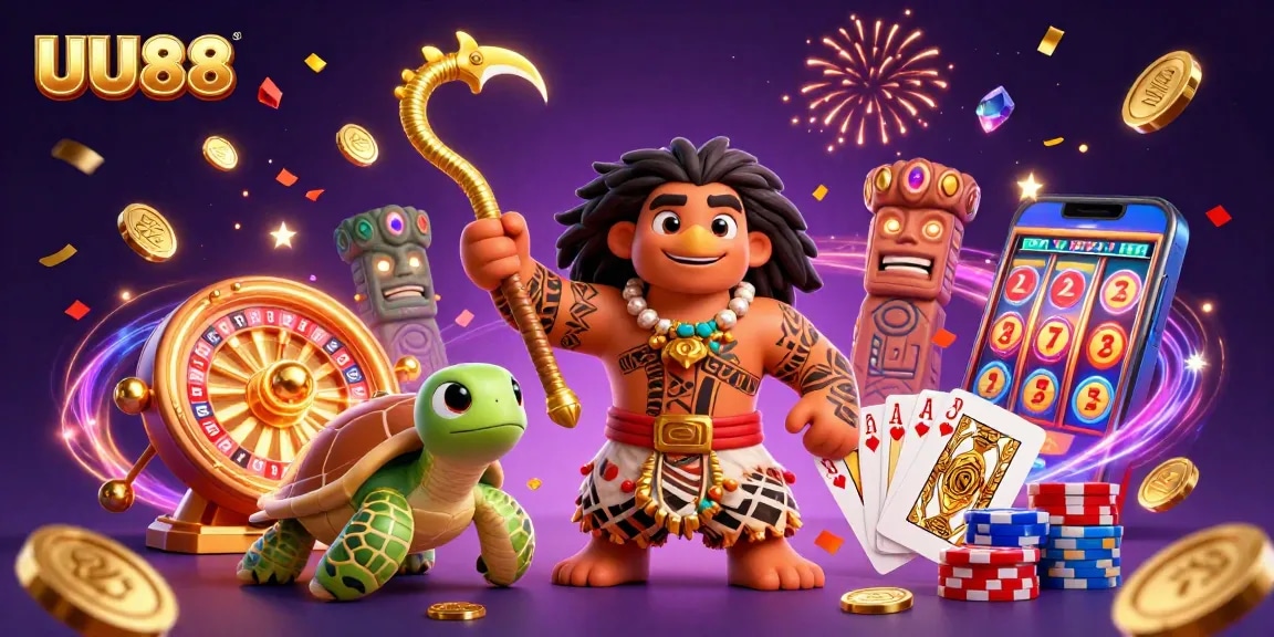 Play and win at UU88 with cartoon demigod and dazzling casino elements in a vibrant 3D scene.