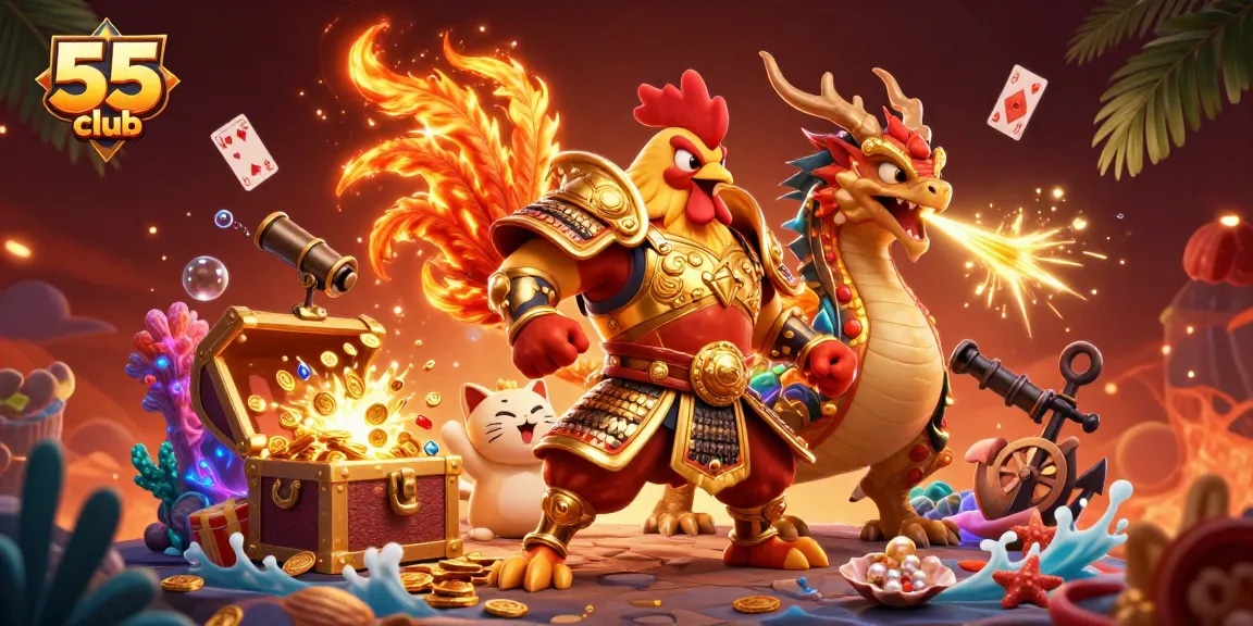 Experience the thrill at 55 club with a dynamic 3D illustration of a rooster warrior, dragon hatchling, and treasure.