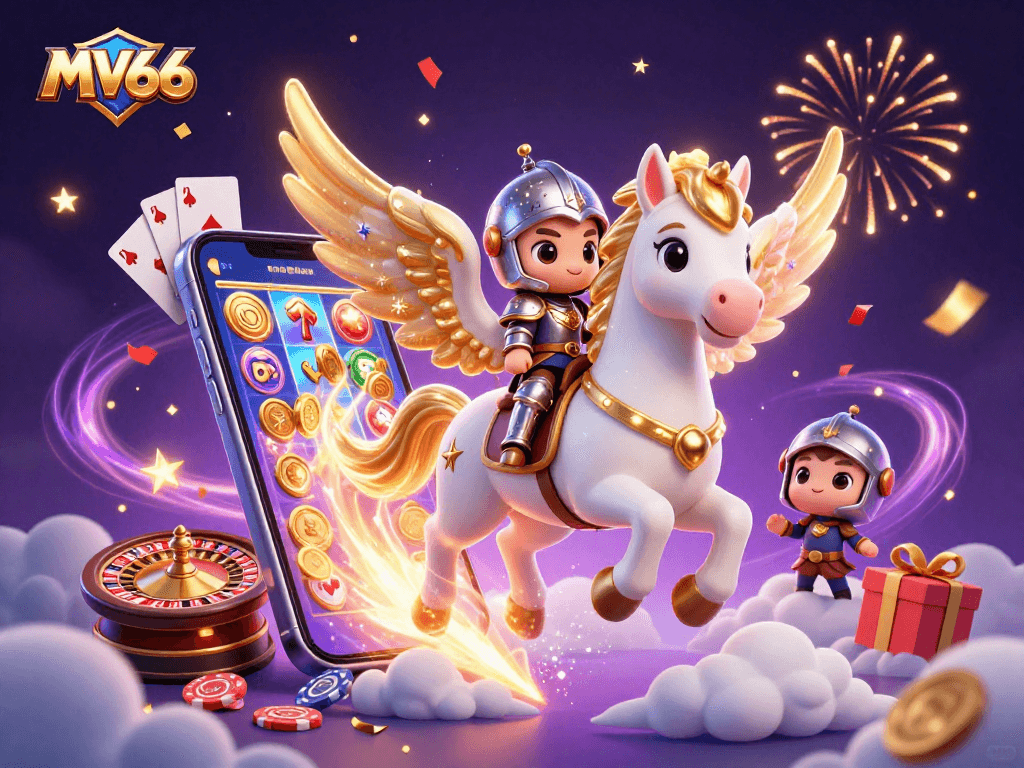 MV66 captivates with thrilling gameplay as a knight rides a celestial horse amidst casino excitement.