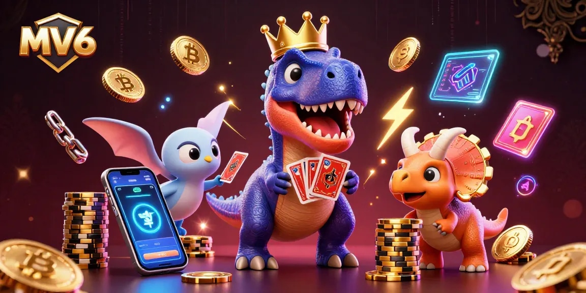 MV66 offers thrilling casino excitement as a T-Rex shuffles cards while stacking golden chips.
