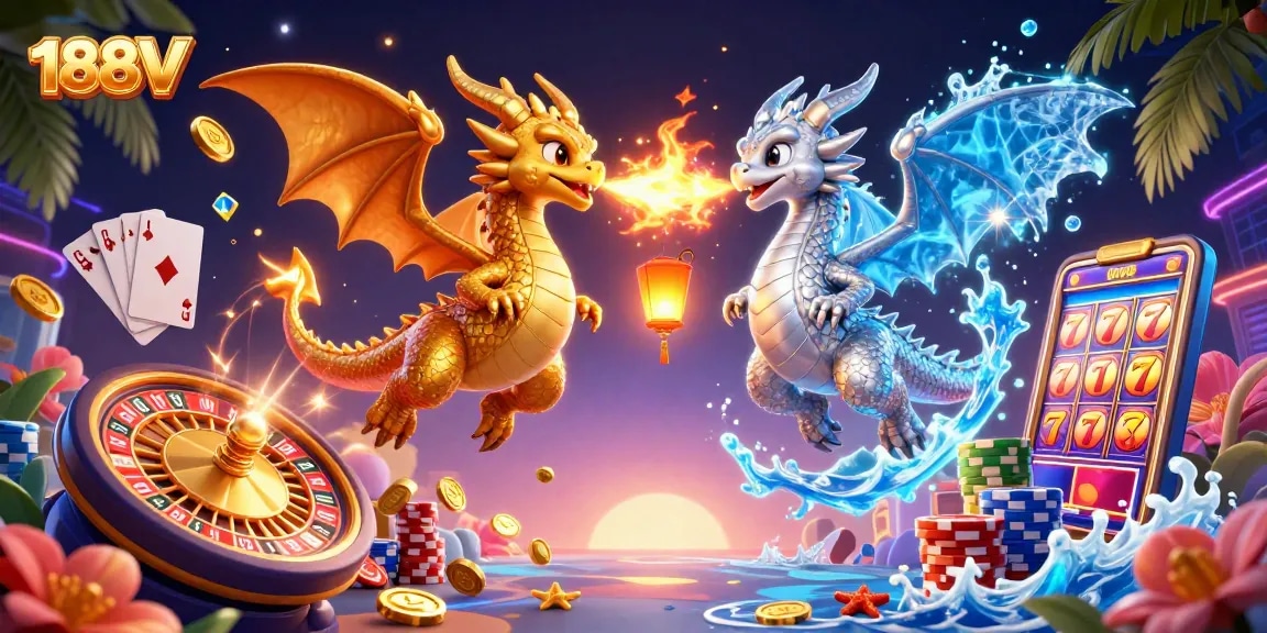 Experience the thrill of 188V gaming with captivated dragons and dynamic casino elements.