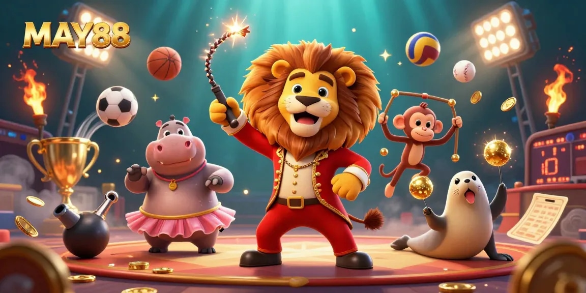 MAY88 engages players with thrilling sports betting excitement in a vibrant 3D carnival scene.
