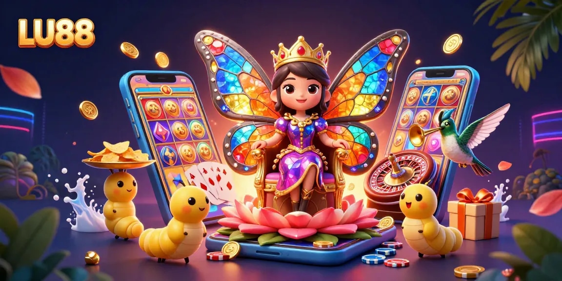 Experience the enchanting LU88 gaming world with a butterfly queen, vibrant slot elements, and casino treasures.