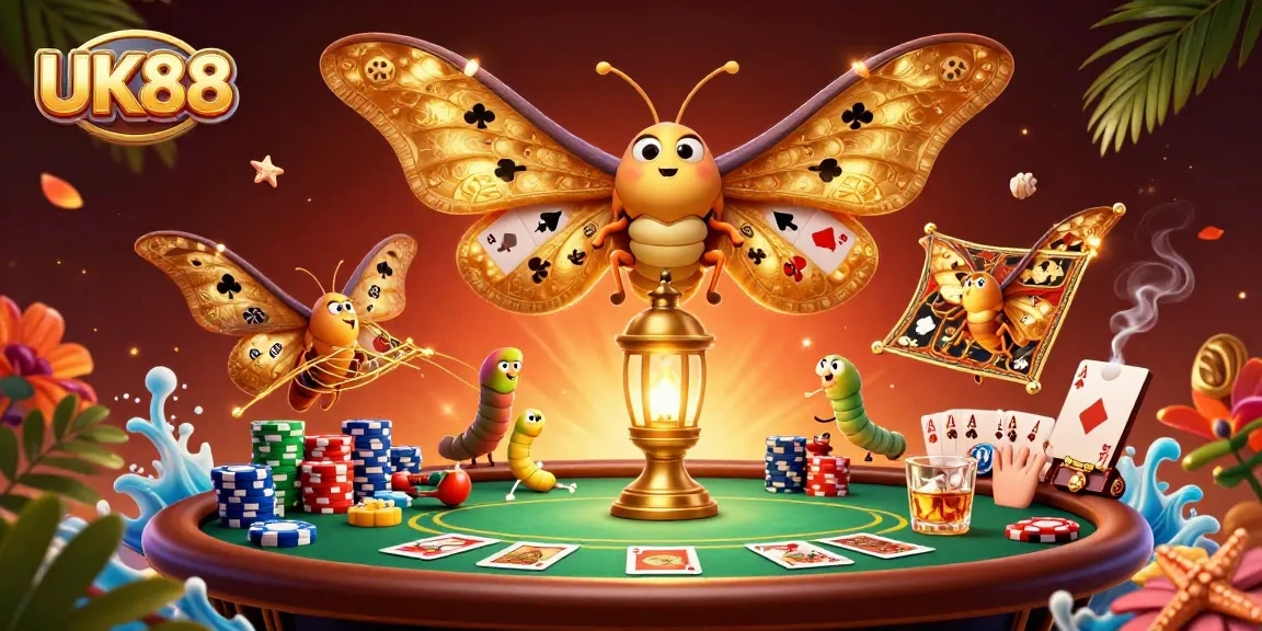 Experience exhilarating gameplay with UK88's vibrant casino scene featuring poker elements and a majestic moth.