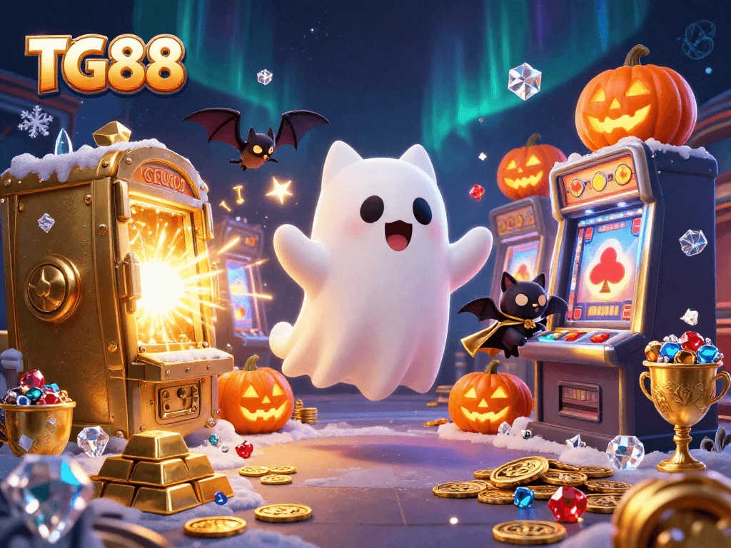 Engage with the thrilling TG88 casino world, featuring a playful ghost cat and treasures.