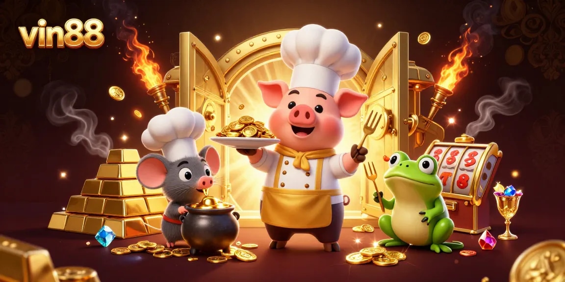 Experience the excitement of vin88 with a vibrant 3D scene featuring delightful cartoon characters and treasures.
