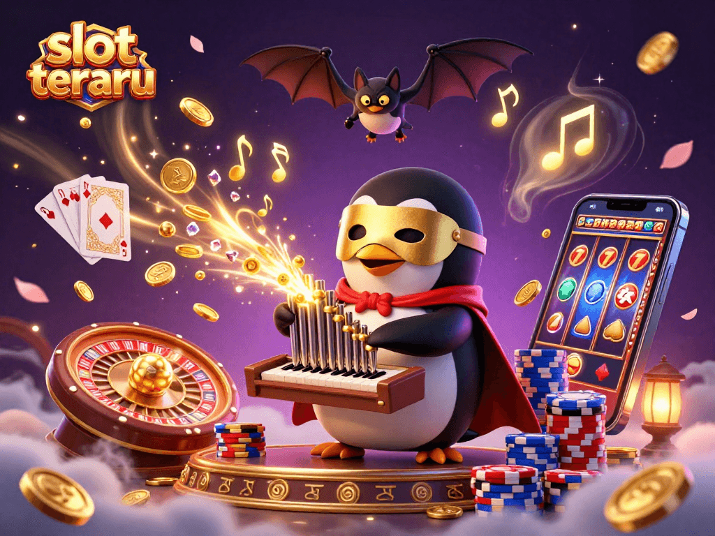 Experience slot terbaru with stunning visuals of a 3D penguin playing slots amid golden coins.