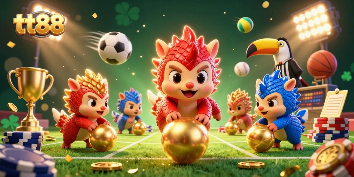 tt88 pangolins compete in a vibrant casino scene filled with gold coins, poker chips, and sports elements.