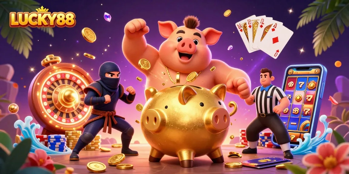 Spin and win at LUCKY88 with a whimsical illustration featuring a golden piggy bank sumo wrestler.
