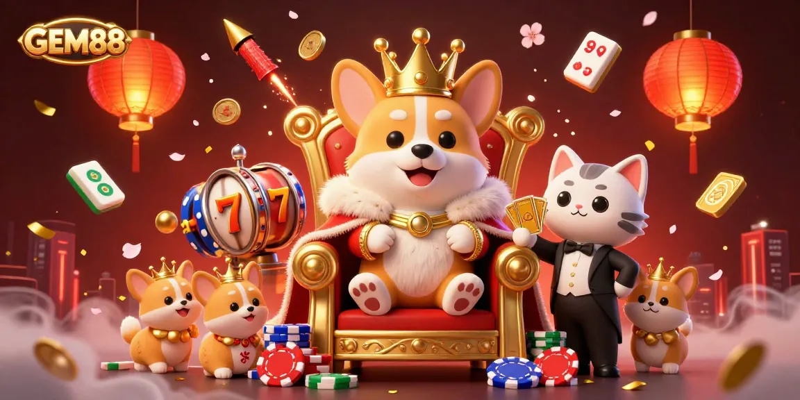 Join GEM88's exciting casino adventure with royal corgi, cat butler, and slot reels!