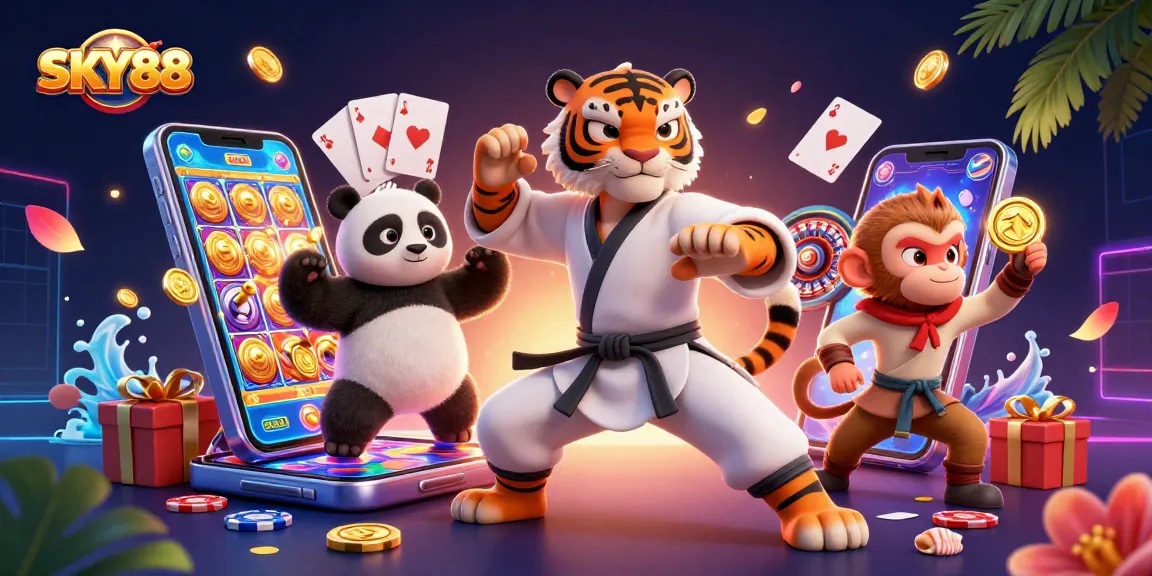 SKY88 showcases thrilling slot gameplay with a kung fu tiger and playful characters.