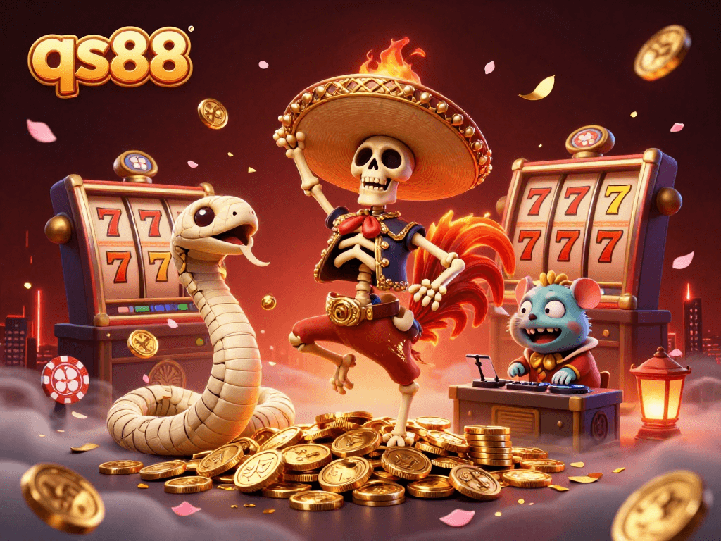 Experience the thrill of qs88 as a skeleton mariachi rooster dances on golden coins amidst vibrant slot machine elements.
