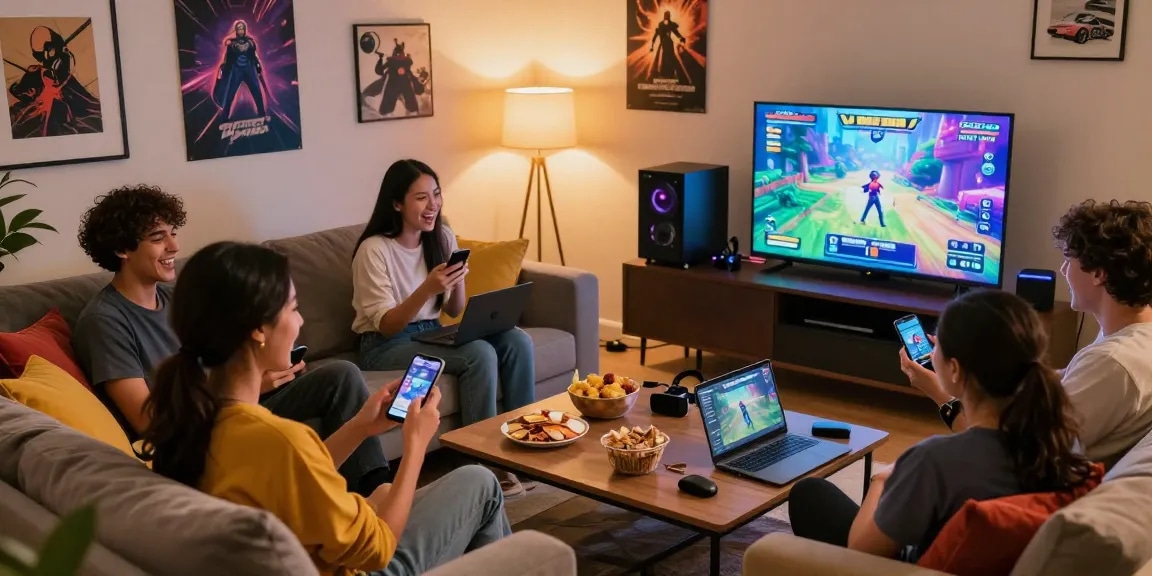 Friends enjoying free porno games on various devices in a cozy living room.