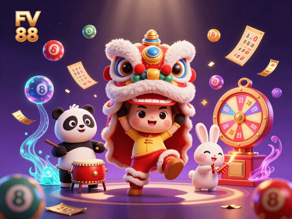 Engage with exciting FV 88 rewards and lottery fun in this dynamic 3D illustration.