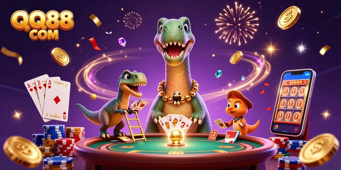 Engage with QQ88 COM's thrilling casino experience featuring vibrant 3D characters and game elements.