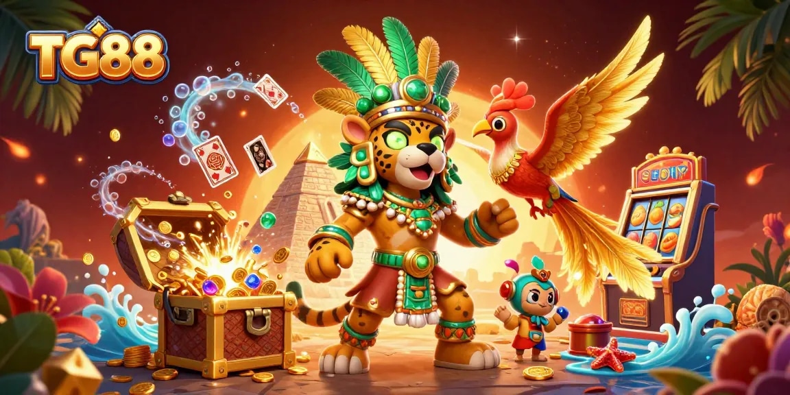 Immerse in the adventure at TG88, featuring an exciting Mayan-inspired casino scene with vibrant characters and treasures.