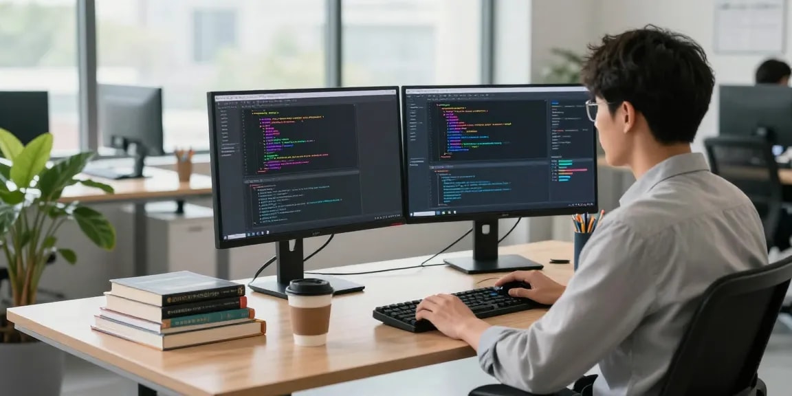 Developer collaborating on code in a bright tech workspace, showcasing WhatsApp下載 integration for effective communication.