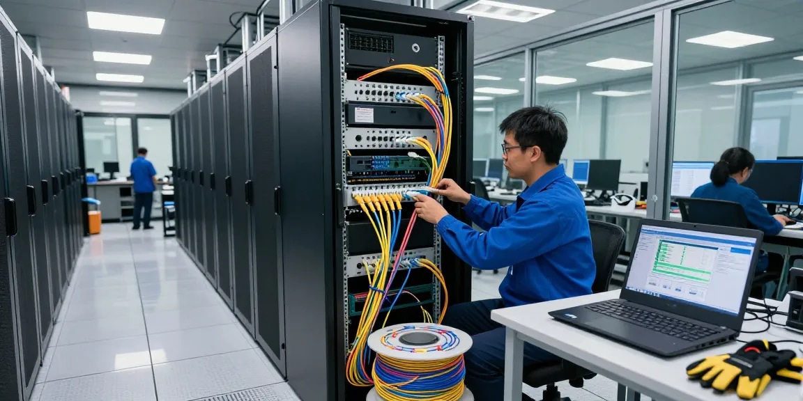 Technician connecting fiber optic cables in a modern data center, showcasing high-speed connectivity solutions.