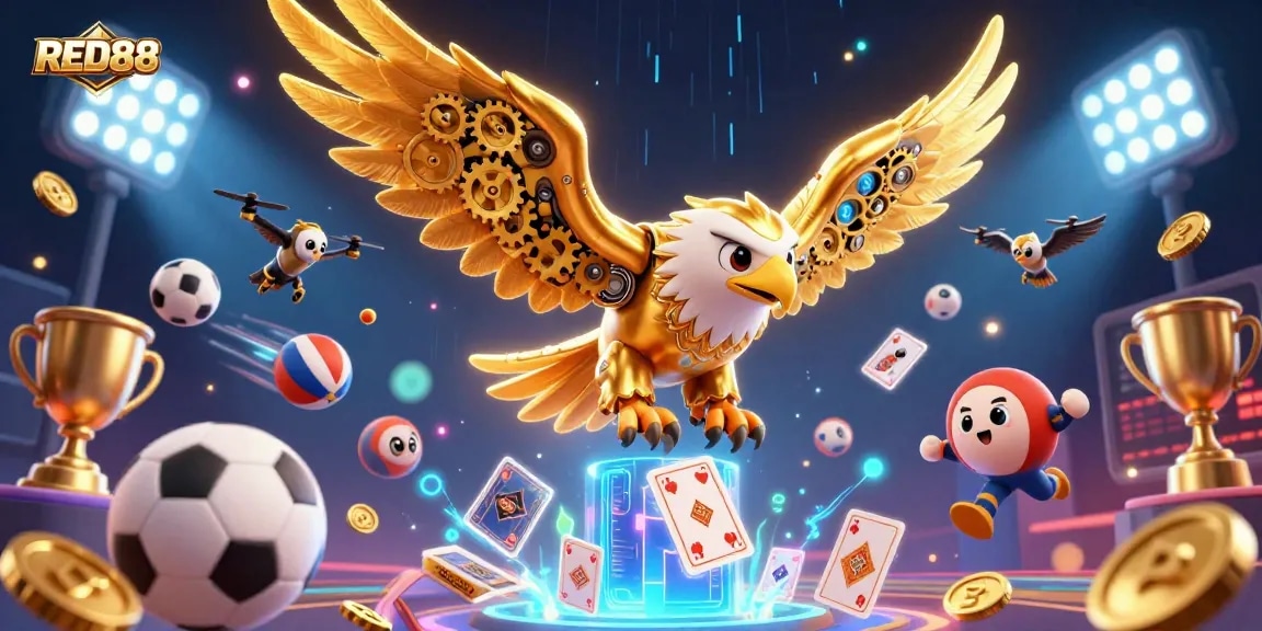 RED88 showcases a cybernetic eagle amidst sports betting elements, captivating players with dynamic energy.