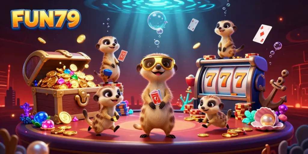 Experience the vibrant casino environment at FUN79 with playful meerkats engaging in gaming operations.